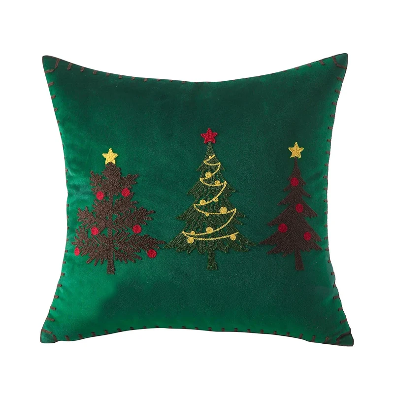 Plüsch-Velours-Quadrat-Akzentkissenbezug mit handgestickter Weihnachtsbaumstickerei und Lockstichkante
