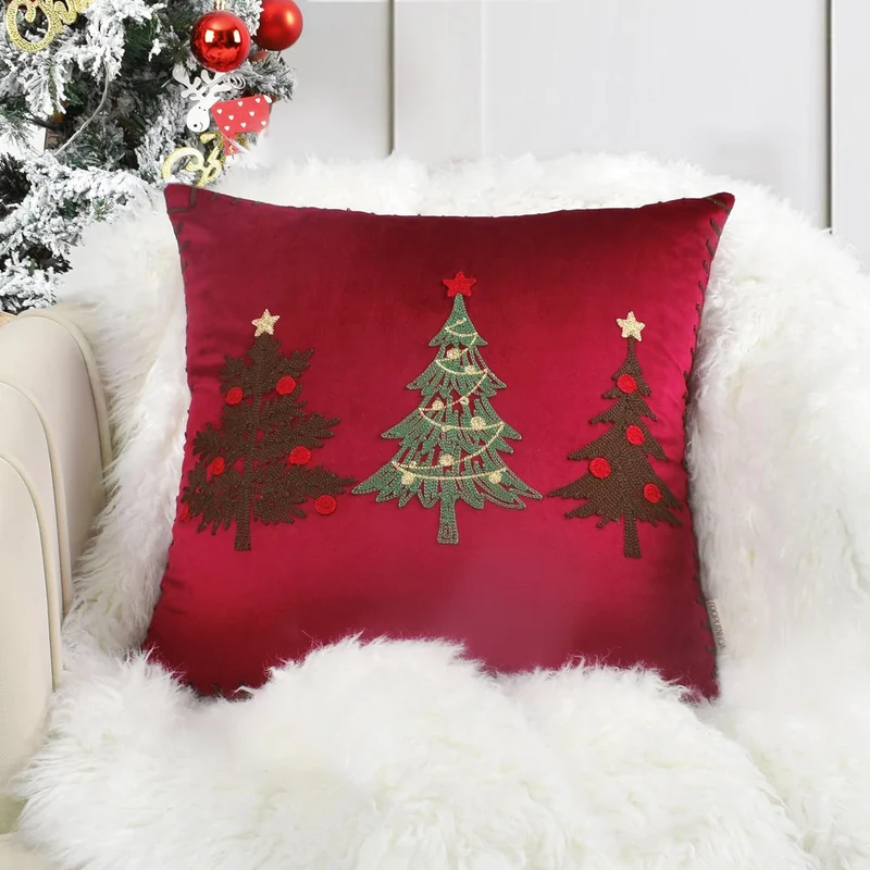 Plüsch-Velours-Quadrat-Akzentkissenbezug mit handgestickter Weihnachtsbaumstickerei und Lockstichkante
