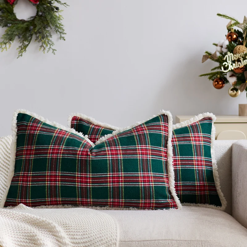 Plaid Sherpa-Trim Quadrat Dekorative Wurfkissenbezug