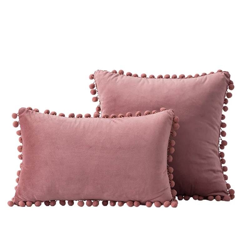 Velvet Pom-Pom Fransen Quadrat- und Lendenkissen Set