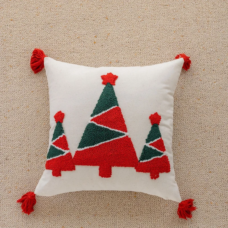 Quadratisches Holiday-Tufted Baumwoll-Wurfkissen mit Quaste-Ecken und Applizierten Weihnachtsbäumen