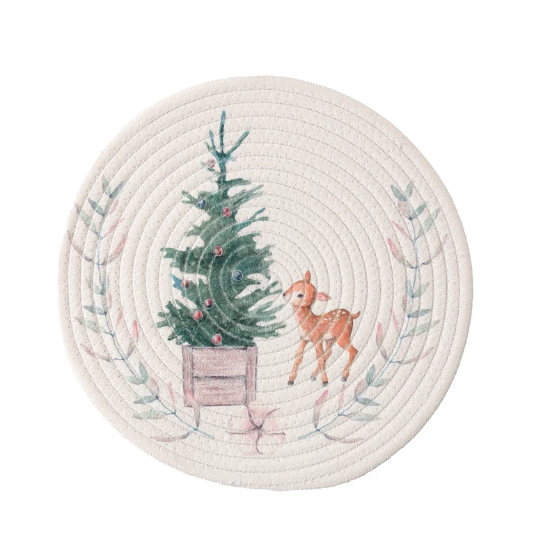 Rundes Tischset aus gewebter Baumwolle mit niedlicher Nashorn-Illustration und floralem Kranz Karnz