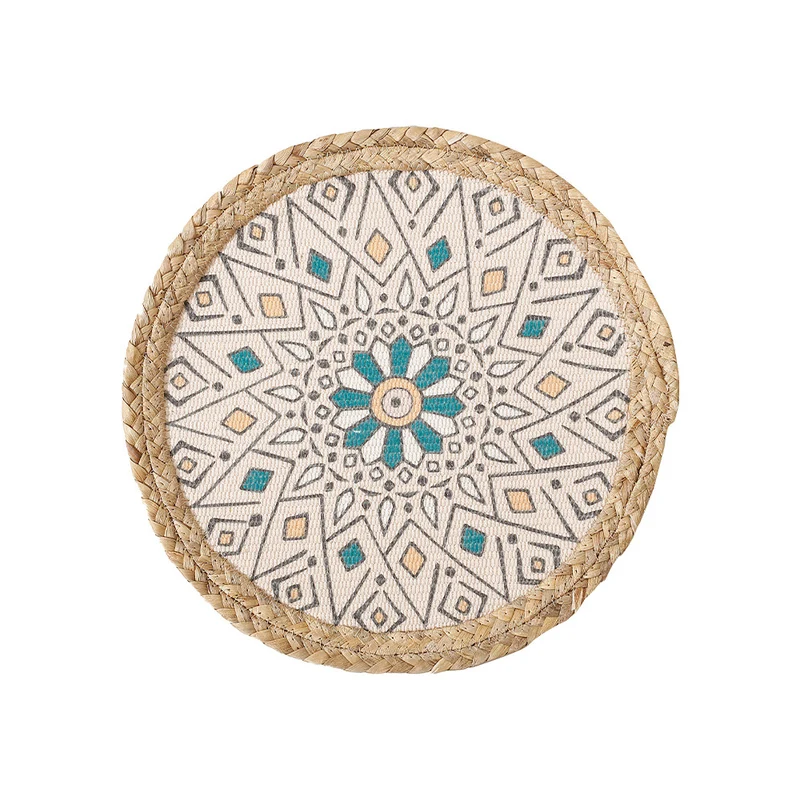 Rundes gewebtes Tischset aus Jute mit Mandala-Baumwollauflage Karnz