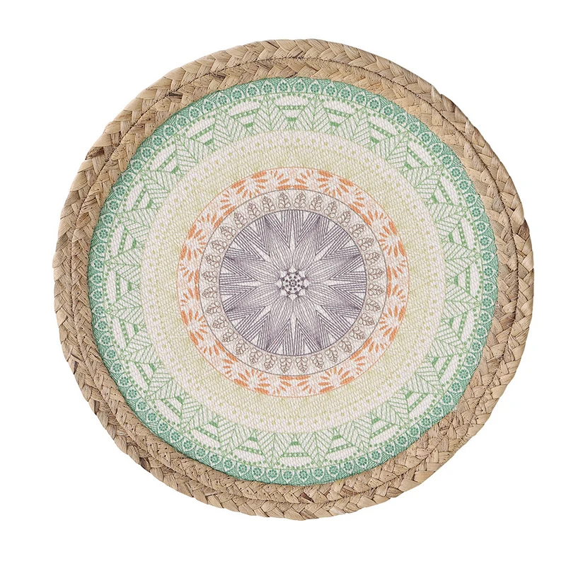 Rundes gewebtes Tischset aus Jute mit Mandala-Baumwollauflage Karnz