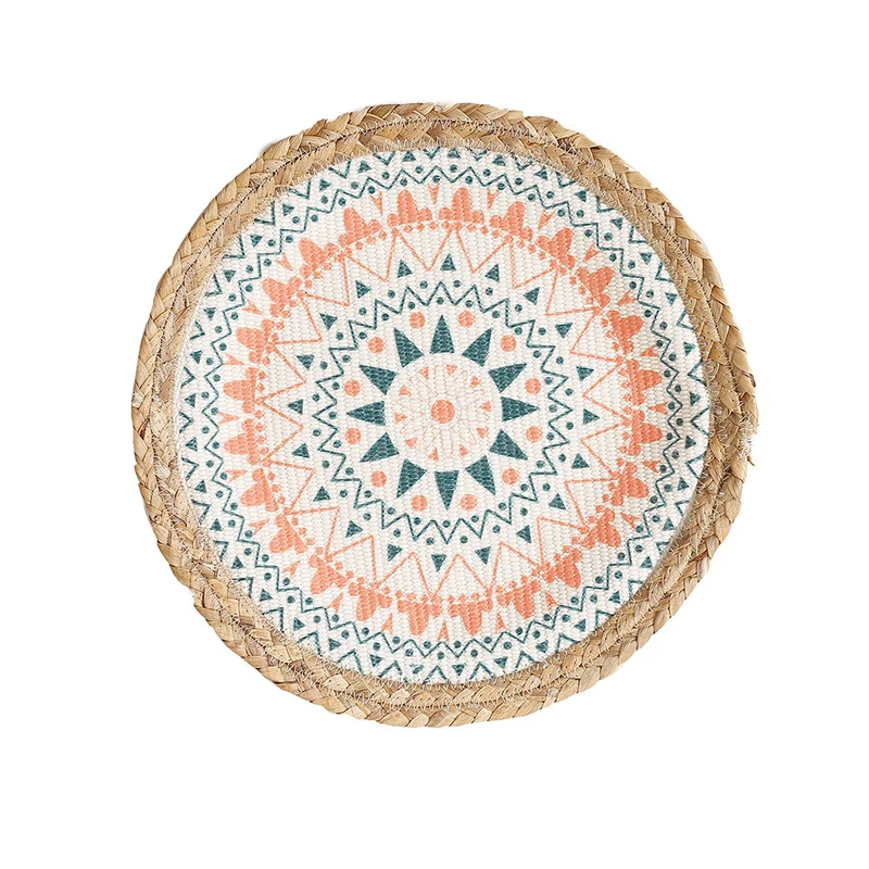 Rundes gewebtes Tischset aus Jute mit Mandala-Baumwollauflage Karnz