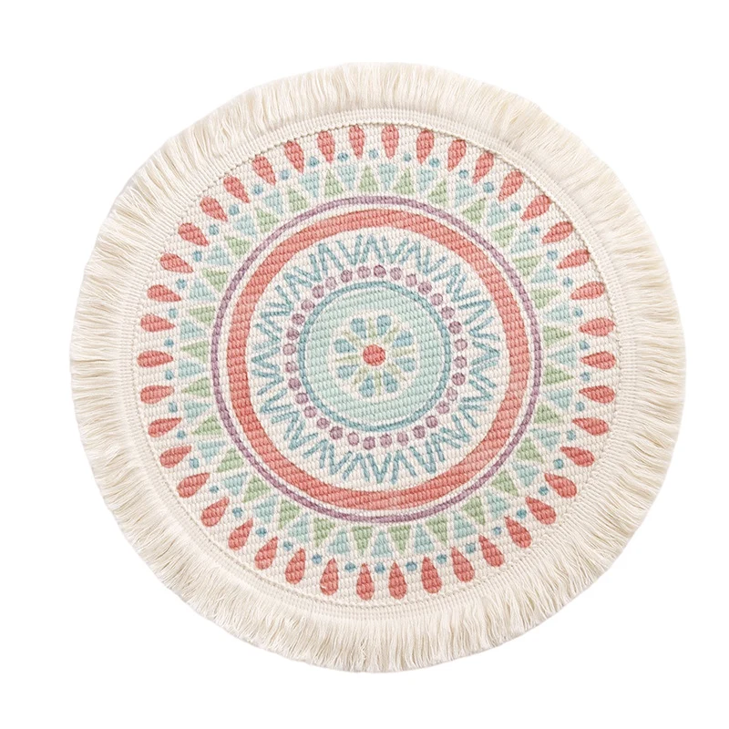 Runder flachgewebter Baumwoll-Teppich mit Mandala-Motiv und dekorativen Fransen Karnz