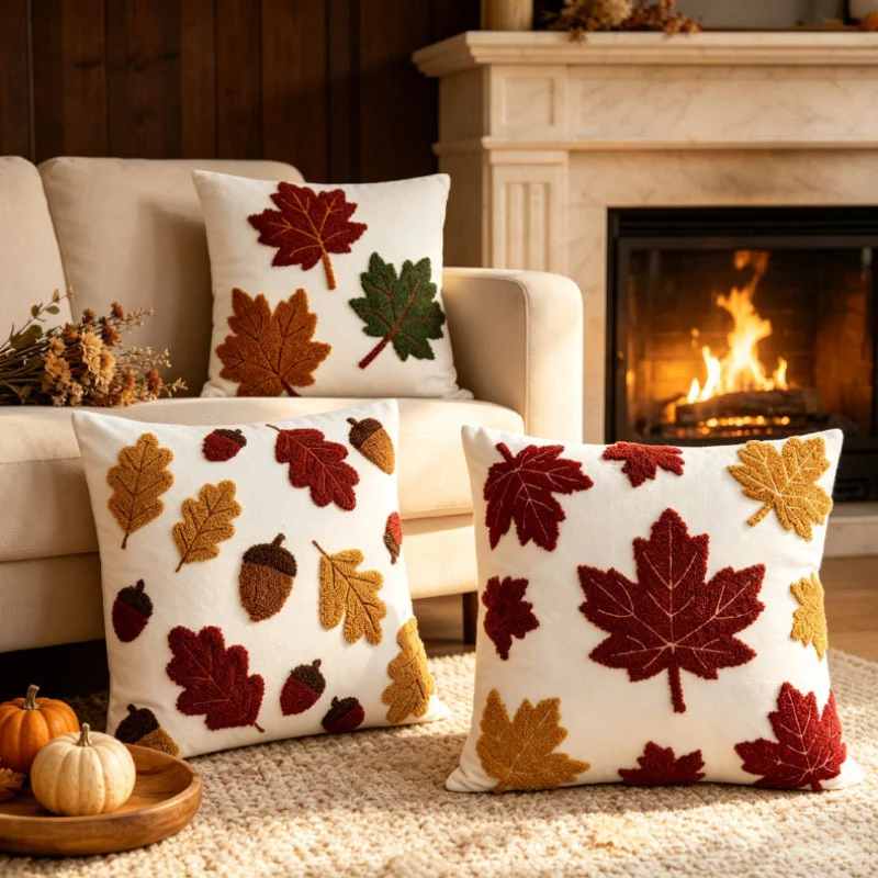 Dekoratives getuftetes Chenille-Kissenbezug mit herbstlichem Blätterdesign