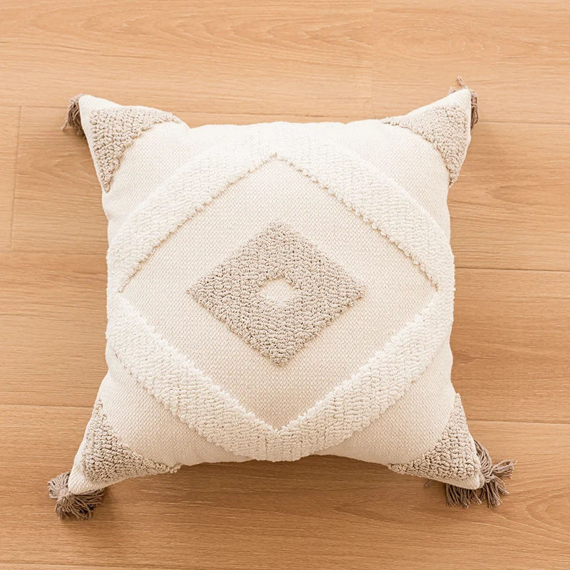 Dekoratives Boho-Tufted-Kissenbezug mit Quasten und geometrischem erhabenen Schlaufenmuster