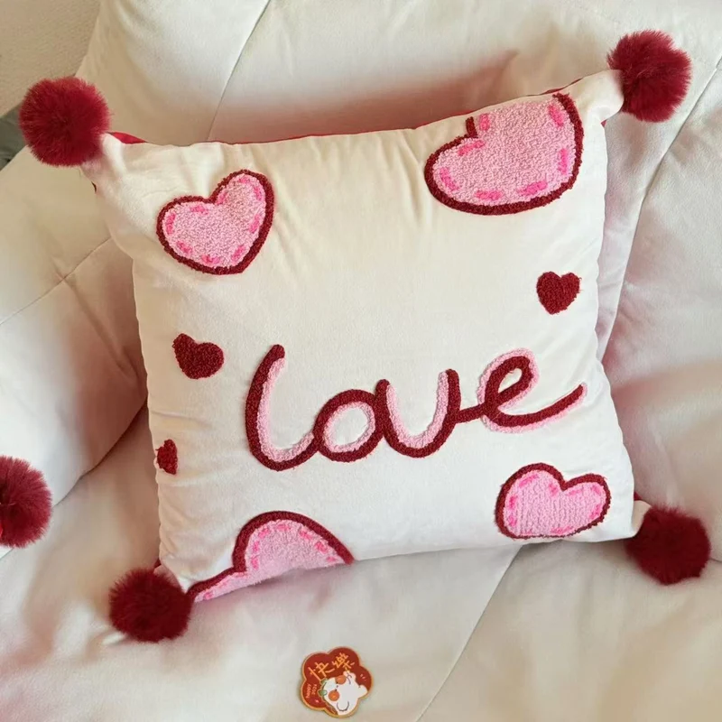 Buntes Chenille-geplüschtes quadratisches Wurfkissen mit plüschigen Pom-Pom-Ecken und abnehmbarem Einsatz