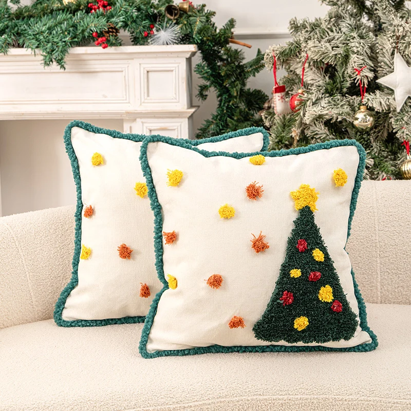 Weihnachtliches Lendenkissen-Dekorationskissen-Set mit gestepptem Urlaubsornament und Pom-Akzent