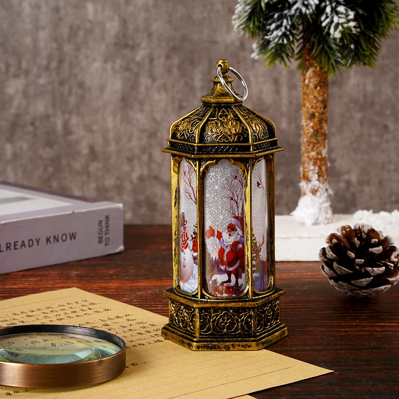 Vintage marokkanischer LED-Schneelaterne im Stil mit rotierender Weihnachts-Szene
