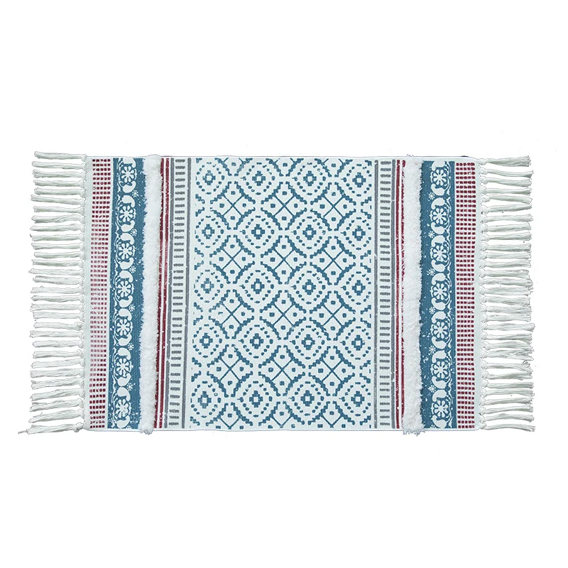 Handgewebter Baumwollläufer im Scandi‑Boho‑Stil mit Fransen und geometrischem Diamant‑Jacquard Karnz