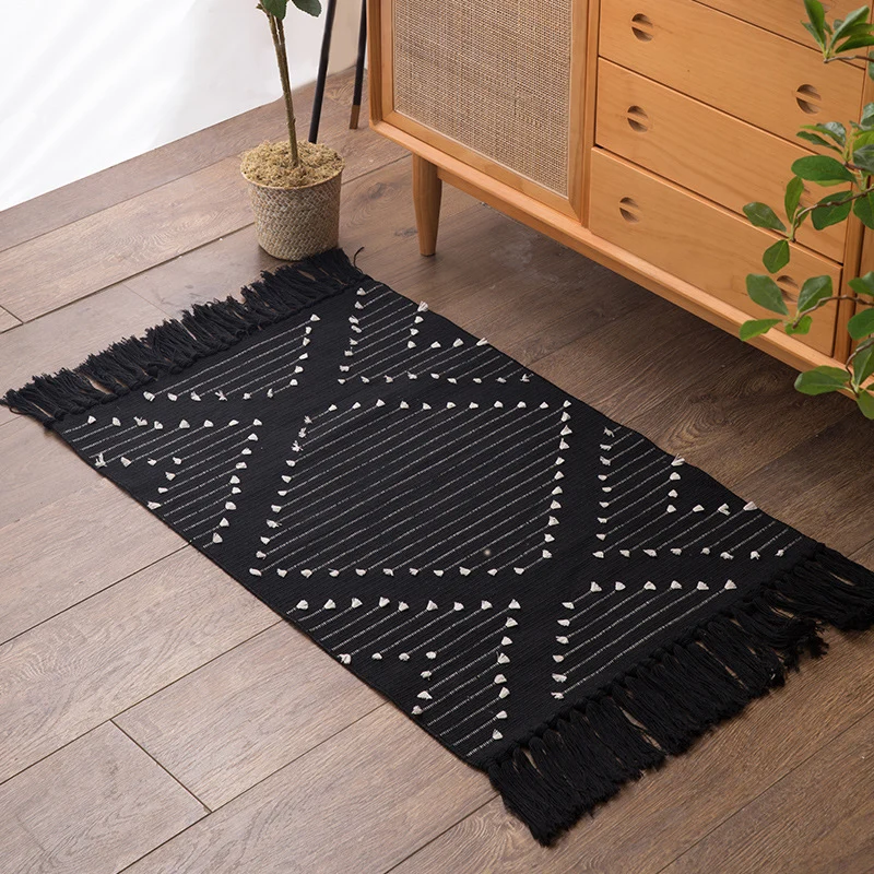 Gewebter Baumwoll-Teppichläufer mit Diamant-Jacquardmuster und Fransen Karnz