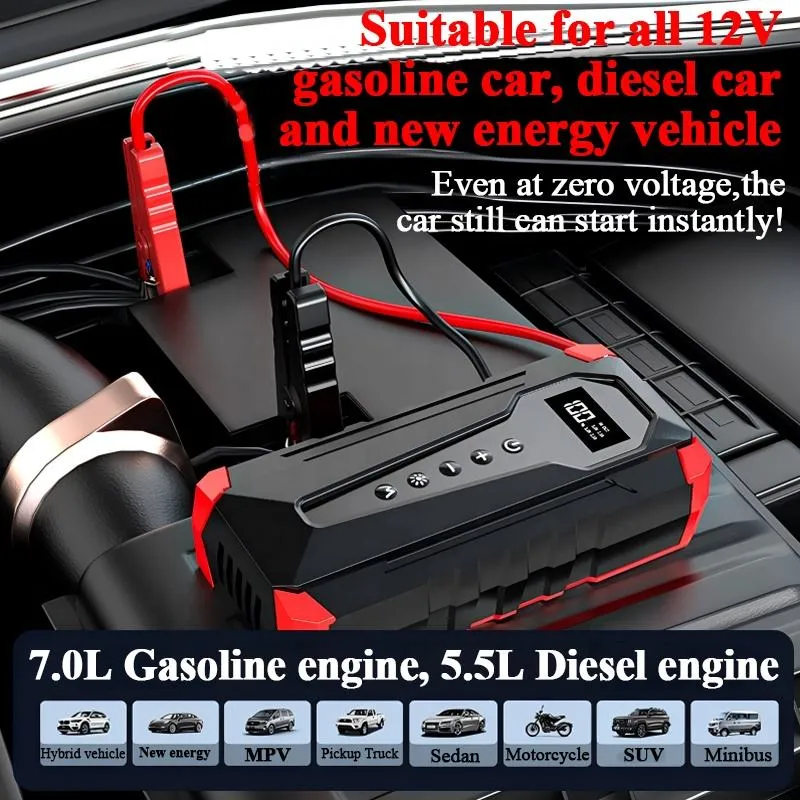 Starthilfe Powerbank mit 150PSI Kompressor, 3000A 12000mAh Jump Starter Auto Batterie Booster für 12V Benzin & Diesel, 21-Zylinder Luftpumpe, LED, USB