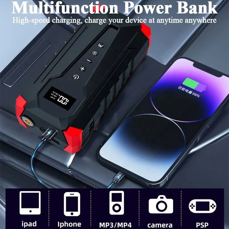 Starthilfe Powerbank mit 150PSI Kompressor, 3000A 12000mAh Jump Starter Auto Batterie Booster für 12V Benzin & Diesel, 21-Zylinder Luftpumpe, LED, USB