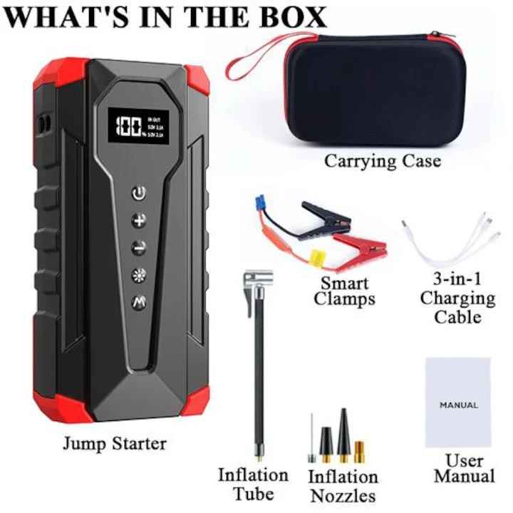 Starthilfe Powerbank mit 150PSI Kompressor, 3000A 12000mAh Jump Starter Auto Batterie Booster für 12V Benzin & Diesel, 21-Zylinder Luftpumpe, LED, USB
