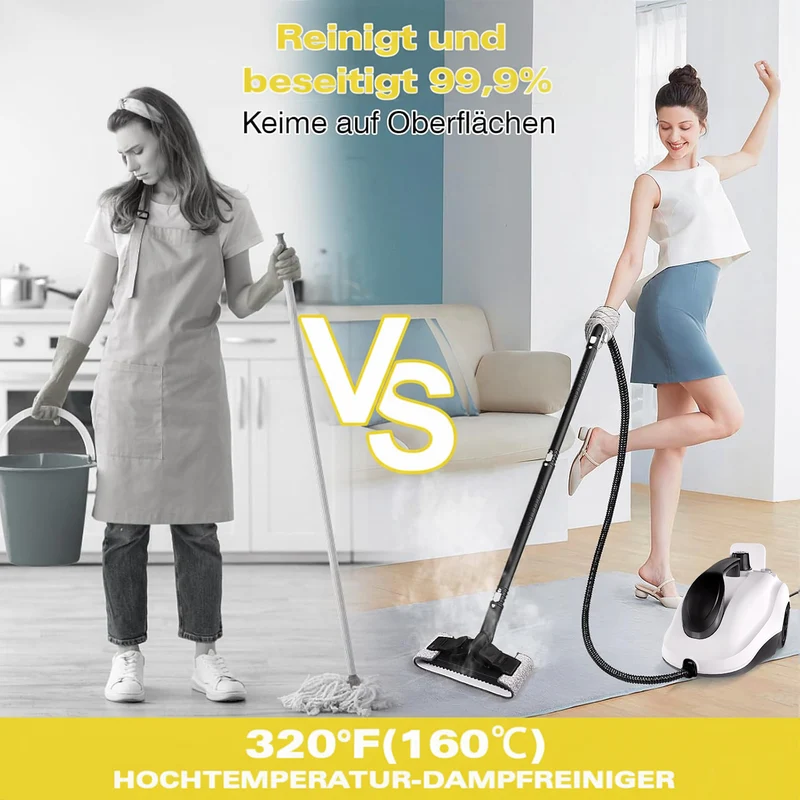 Dampfreiniger 2000W, 5 bar Dampfdruck, 2L Tank, 3 Min. Aufheizzeit, bis 160℃, mit 19 Zubehör, mobile Reinigungsmaschine für Teppiche, Fenster,Vorhänge