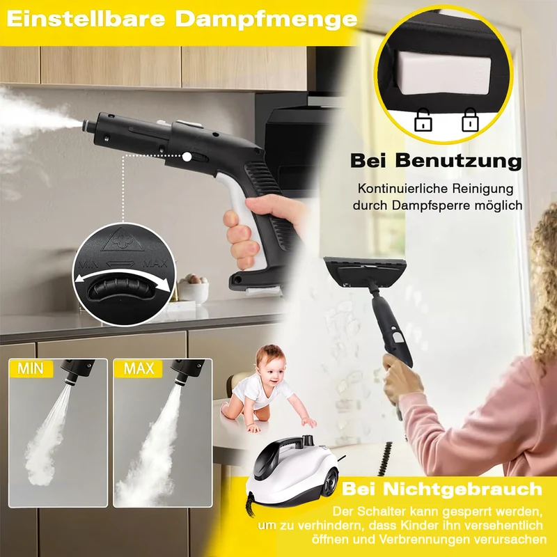 Dampfreiniger 2000W, 5 bar Dampfdruck, 2L Tank, 3 Min. Aufheizzeit, bis 160℃, mit 19 Zubehör, mobile Reinigungsmaschine für Teppiche, Fenster,Vorhänge