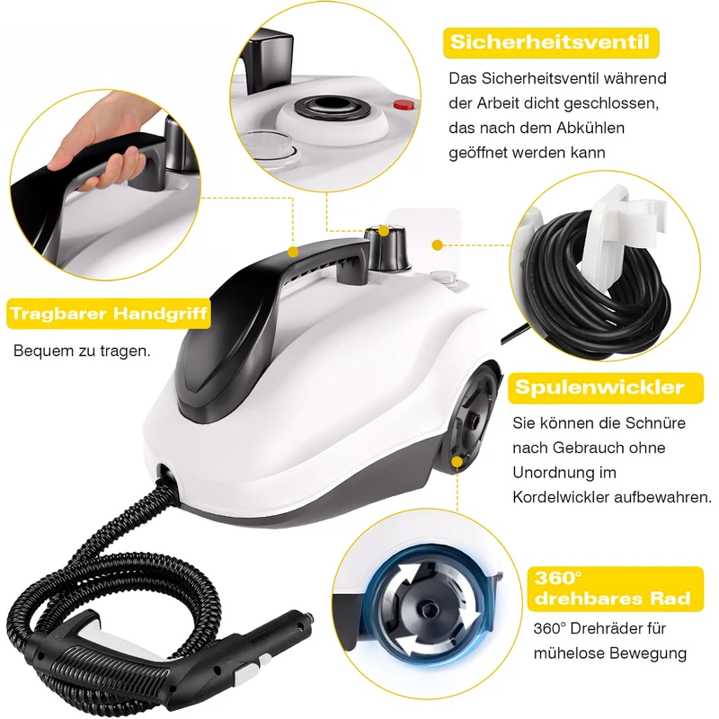 Dampfreiniger 2000W, 5 bar Dampfdruck, 2L Tank, 3 Min. Aufheizzeit, bis 160℃, mit 19 Zubehör, mobile Reinigungsmaschine für Teppiche, Fenster,Vorhänge