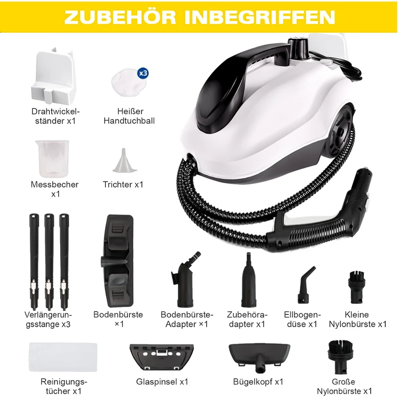 Dampfreiniger 2000W, 5 bar Dampfdruck, 2L Tank, 3 Min. Aufheizzeit, bis 160℃, mit 19 Zubehör, mobile Reinigungsmaschine für Teppiche, Fenster,Vorhänge