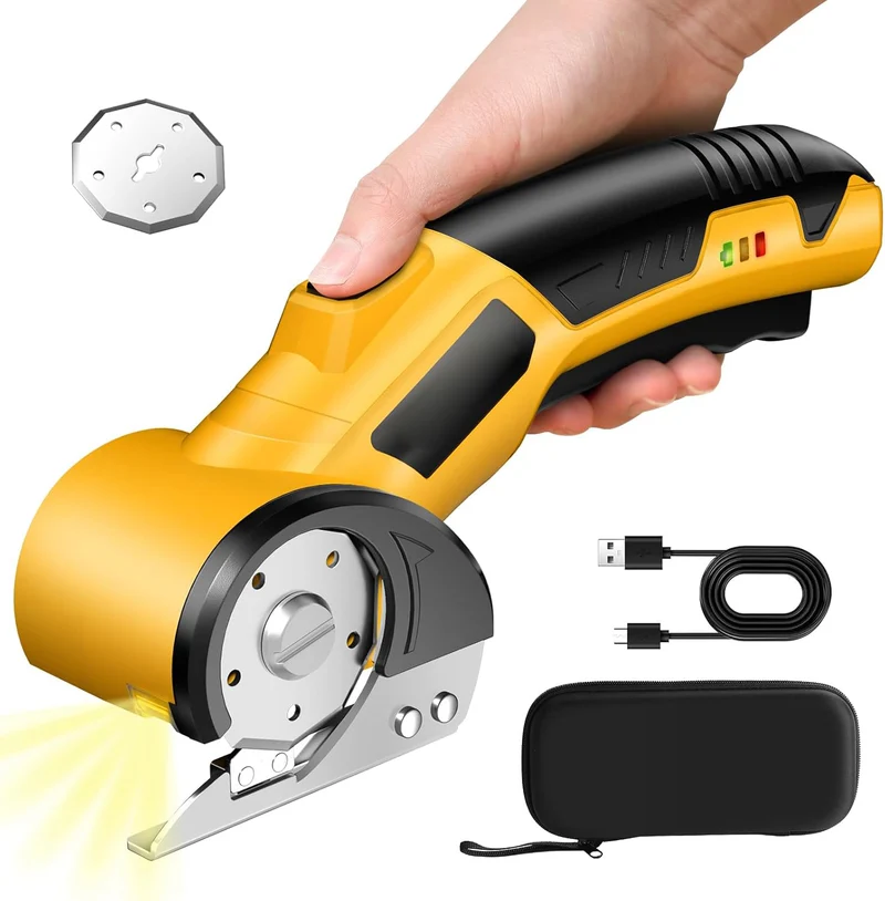 Elektrische Schere, Kabellose elektrische Schere mit Sicherheitsschalter, Klingenschutz, LED-Beleuchtung, ergonomisches Design, für Pappe, Stoff, Lede