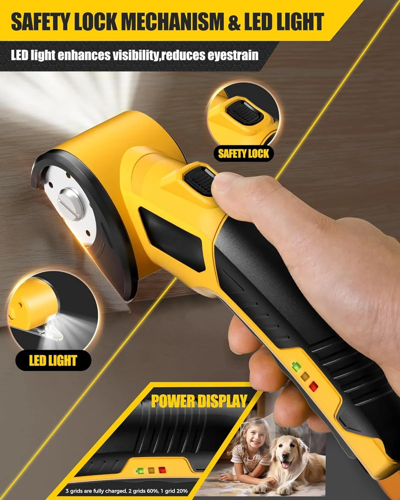 Elektrische Schere, Kabellose elektrische Schere mit Sicherheitsschalter, Klingenschutz, LED-Beleuchtung, ergonomisches Design, für Pappe, Stoff, Lede