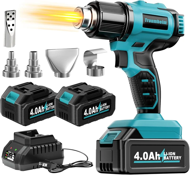 Akku-Heißluftpistole 21V mit 2x 4000mAh Akku & 5 Düsen - 550°C / 300°C Heißluftgebläse, Sicher & Ergonomisch, für Handwerk, Auto, Bau & DIY Projekte