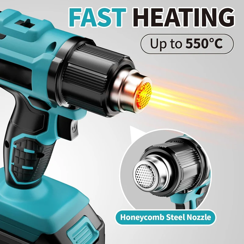 Akku-Heißluftpistole 21V mit 2x 4000mAh Akku & 5 Düsen - 550°C / 300°C Heißluftgebläse, Sicher & Ergonomisch, für Handwerk, Auto, Bau & DIY Projekte