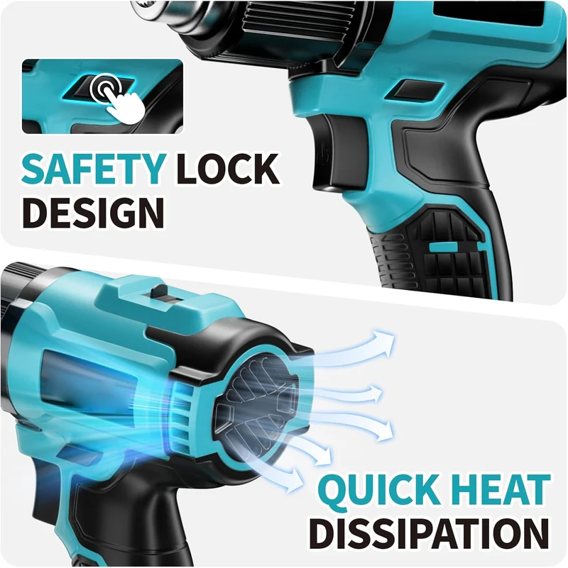 Akku-Heißluftpistole 21V mit 2x 4000mAh Akku & 5 Düsen - 550°C / 300°C Heißluftgebläse, Sicher & Ergonomisch, für Handwerk, Auto, Bau & DIY Projekte