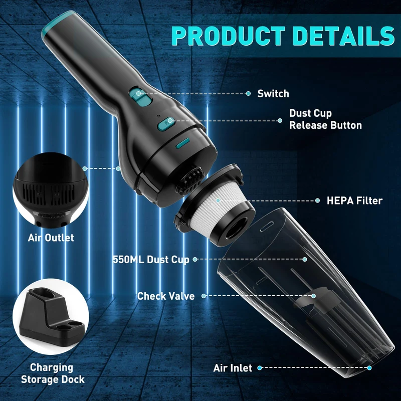 Starker kabelloser Handstaubsauger, 9500Pa Saugkraft, mit Ladestation, waschbarer HEPA-Filter, für Auto, Haus, Tierhaare