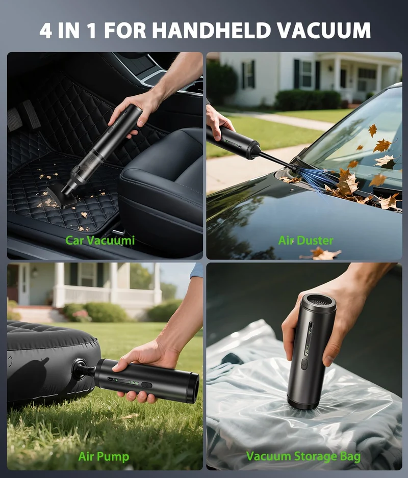 Autostaubsauger Tragbarer kabelloser Handstaubsauger 4-in-1 Mini-Akku-Staubsauger mit 2 Saugmodi und 16800 Pa Saugleistung Blasen & Aufblasen 2 Modi Handstaubsauger für Auto, Schreibtisch, Tastaturen