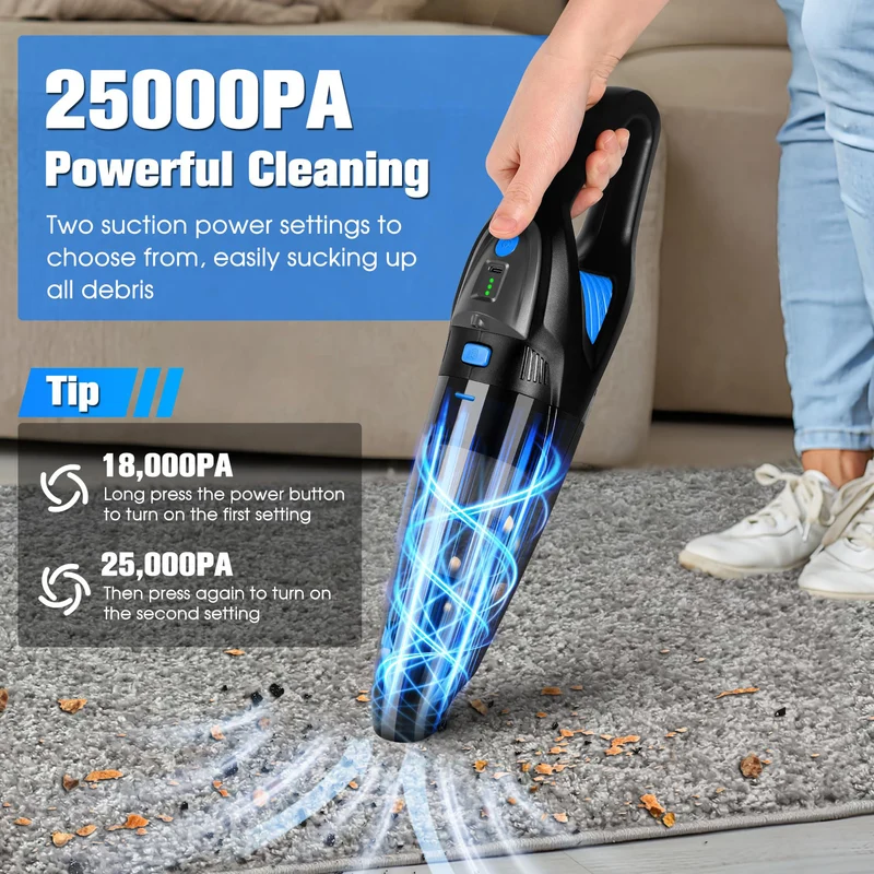 Handstaubsauger, Staubsauger mit 8000mAh Akku & Ladestation, 25000Pa Saugkraft, WASCHBARER HEPA-Filter, 120W Autosauger für Auto, Tierhaare