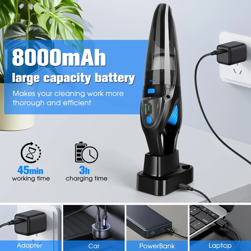 Handstaubsauger, Staubsauger mit 8000mAh Akku & Ladestation, 25000Pa Saugkraft, WASCHBARER HEPA-Filter, 120W Autosauger für Auto, Tierhaare