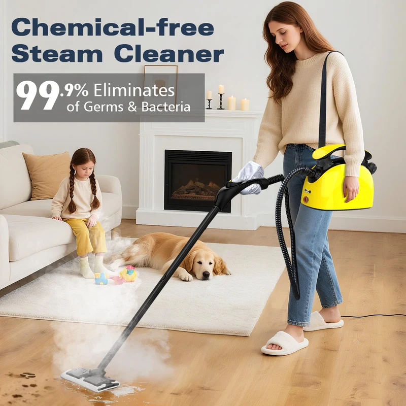 Dampfreiniger, Hochtemperatur-Dampfgerät 120°C, 1.08L Wassertank, 14 Zubehörteile, chemiefreie Reinigung, für Fliesen, Teppich, Auto, Kindersicherung