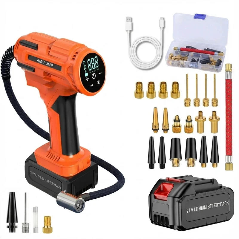 Akku Kompressor, Akku Luftkompressor, Tragbarer Kompressor mit 3000mAh Akku, 21-teiliges Set, Auto-Off, LED Lampe, 150PSI Luftpumpe für Auto, Fahrrad, Bälle, Elektrische Luftpumpe