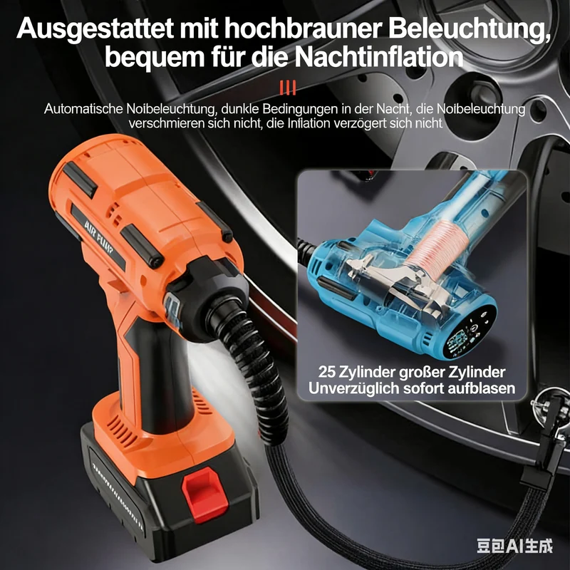 Akku Kompressor, Akku Luftkompressor, Tragbarer Kompressor mit 3000mAh Akku, 21-teiliges Set, Auto-Off, LED Lampe, 150PSI Luftpumpe für Auto, Fahrrad, Bälle, Elektrische Luftpumpe