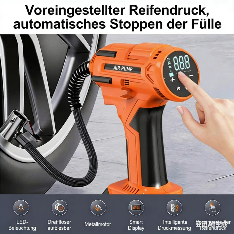 Akku Kompressor, Akku Luftkompressor, Tragbarer Kompressor mit 3000mAh Akku, 21-teiliges Set, Auto-Off, LED Lampe, 150PSI Luftpumpe für Auto, Fahrrad, Bälle, Elektrische Luftpumpe