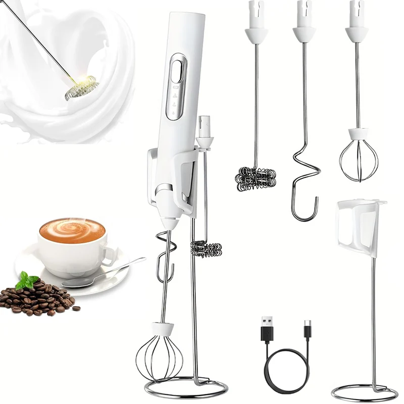 Milchaufschäumer Elektrisch mit 3 köpfen, 3 Modi, heißer & kalter Milchschaum, USB Wiederaufladbar, Milch Frother für Cappuccino,Latte,Mokka,Macchiato