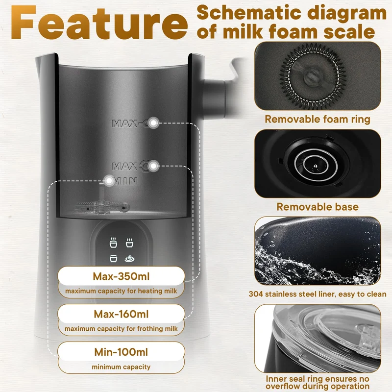 Milchaufschäumer, 400W Elektrischer Milchschäumer, 4-in-1 Milchschäumer und Warmer, 350ml Heizkapazität & 160ml Schaumkapazität, Edelstahl Innen