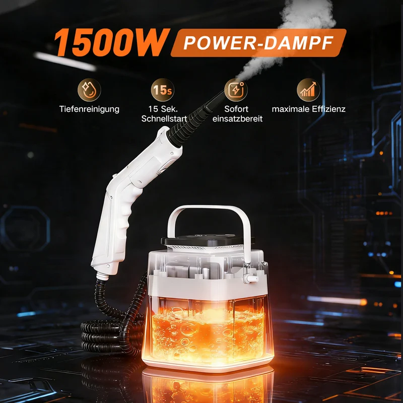 Dampfreiniger 1500W, 15S Aufheizung, 4 Einstellungen(110-140°C ), 4 BAR, 1550ml Wassertank & 50 Min Laufzeit, Schnellaufheiz Handdampfreiniger