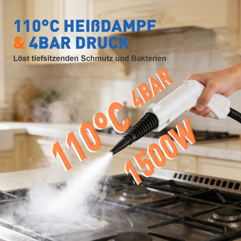 Dampfreiniger 1500W, 15S Aufheizung, 4 Einstellungen(110-140°C ), 4 BAR, 1550ml Wassertank & 50 Min Laufzeit, Schnellaufheiz Handdampfreiniger