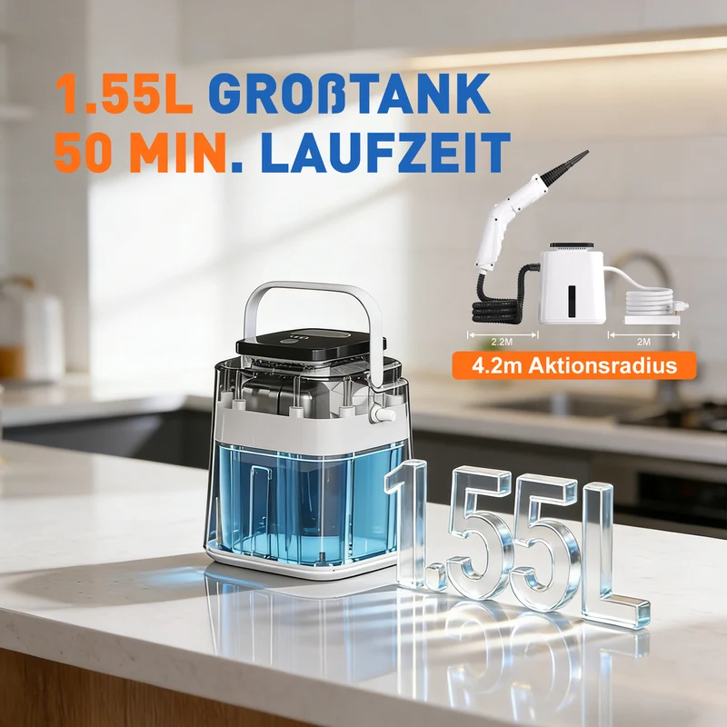 Dampfreiniger 1500W, 15S Aufheizung, 4 Einstellungen(110-140°C ), 4 BAR, 1550ml Wassertank & 50 Min Laufzeit, Schnellaufheiz Handdampfreiniger