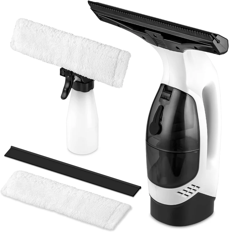 Akku Fenstersauger 2000Pa 150ml Tank 35min Laufzeit 280mm Saugdüse 300ml Sprühflasche mit Mikrofasertuch 2200mAh IPX4 für 360°streifenfreie Reinigung