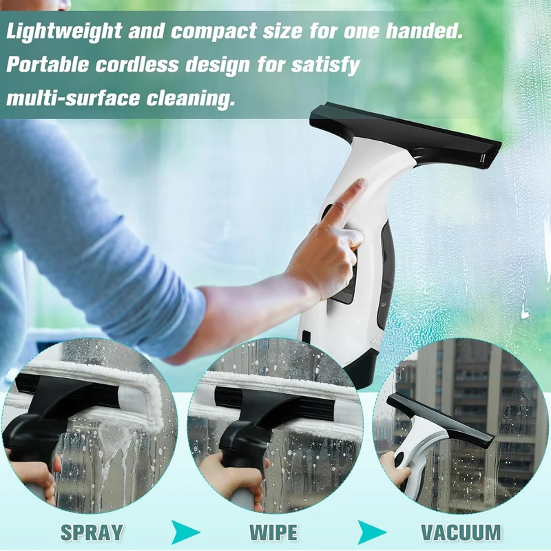 Akku Fenstersauger 2000Pa 150ml Tank 35min Laufzeit 280mm Saugdüse 300ml Sprühflasche mit Mikrofasertuch 2200mAh IPX4 für 360°streifenfreie Reinigung