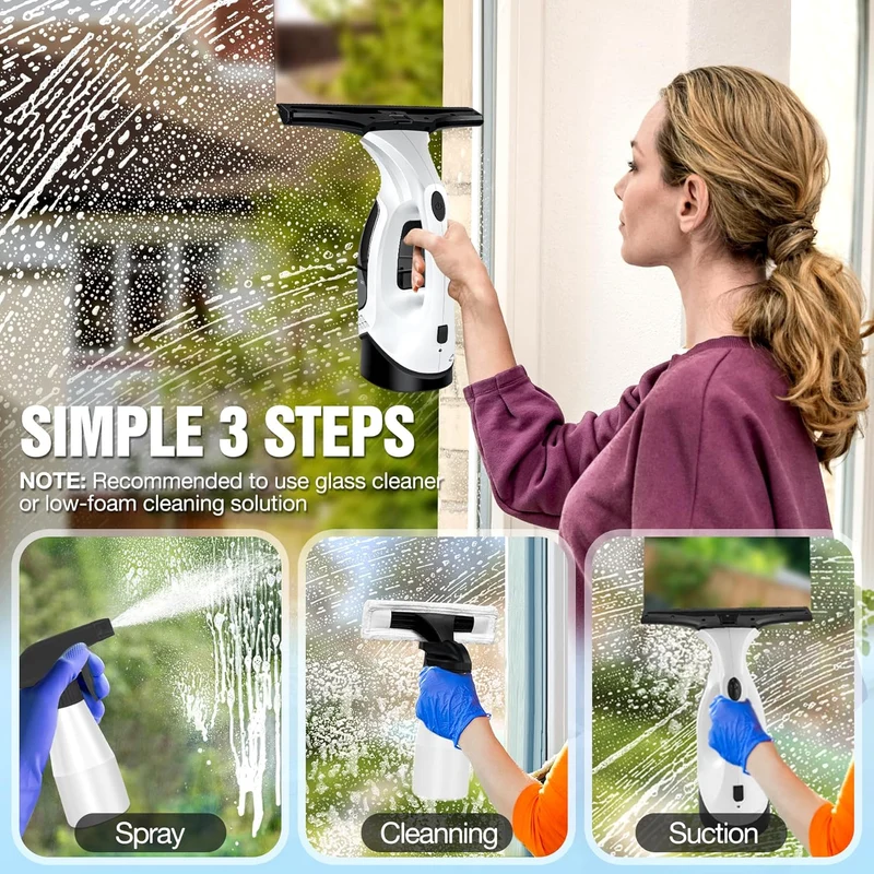 Akku Fenstersauger 2000Pa 150ml Tank 35min Laufzeit 280mm Saugdüse 300ml Sprühflasche mit Mikrofasertuch 2200mAh IPX4 für 360°streifenfreie Reinigung