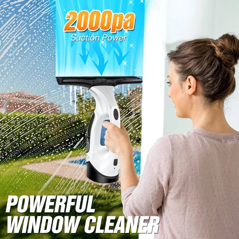 Akku Fenstersauger 2000Pa 150ml Tank 35min Laufzeit 280mm Saugdüse 300ml Sprühflasche mit Mikrofasertuch 2200mAh IPX4 für 360°streifenfreie Reinigung