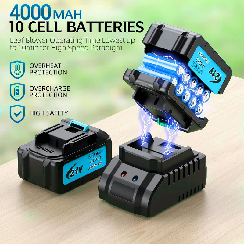 Akku Laubbläser, Gebläse, 5 Stufen Laubsauger, Bläser Sauger mit 2 x 4000mAh Akkus und Ladegerät für Blasen Sauge Voor Weggarage Veranda Patio