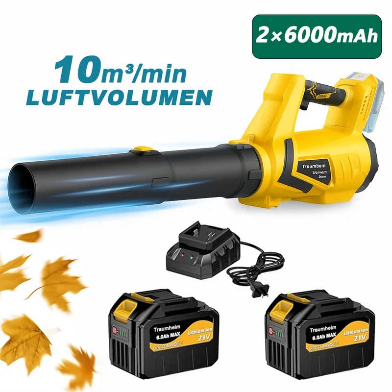 Akku Laubbläser mit 2× 6000mAh Akkus & Ladegerät, 5+1 Turbo-Stufen, 10 m³/min Luftvolumen, Bürstenloser Motor Elektrisches Laubbläser für Garten, Auto & Terrasse