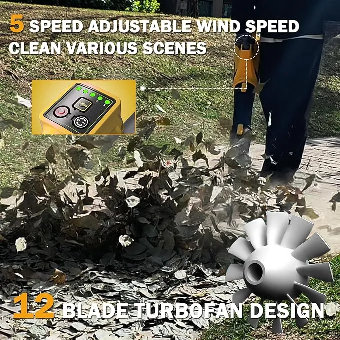 Akku Laubbläser mit 2× 6000mAh Akkus & Ladegerät, 5+1 Turbo-Stufen, 10 m³/min Luftvolumen, Bürstenloser Motor Elektrisches Laubbläser für Garten, Auto & Terrasse