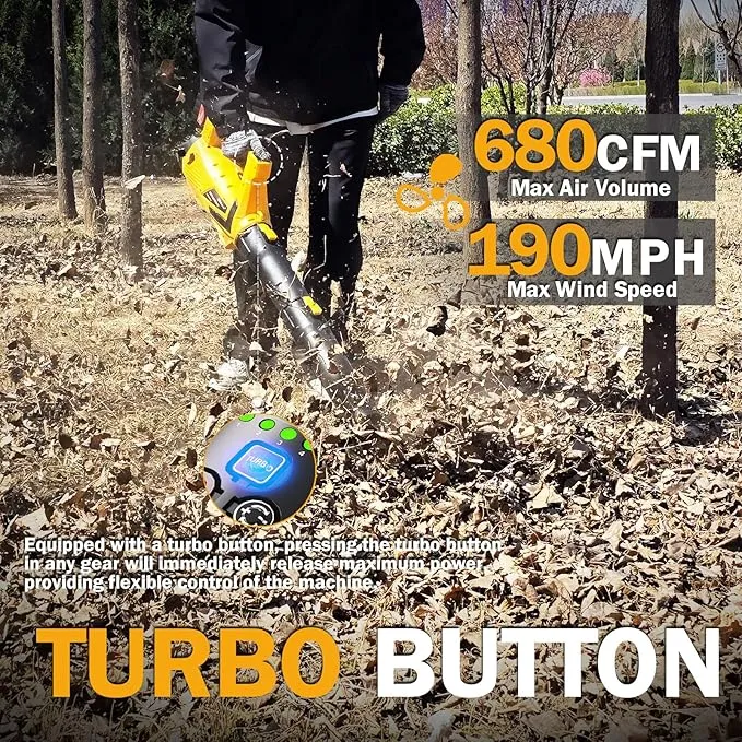 Akku Laubbläser mit 2× 6000mAh Akkus & Ladegerät, 5+1 Turbo-Stufen, 10 m³/min Luftvolumen, Bürstenloser Motor Elektrisches Laubbläser für Garten, Auto & Terrasse
